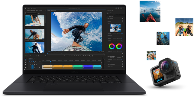 A laptop with video editing software open, displaying action footage of a surfer. A GoPro camera and floating photo thumbnails are shown to the right of the laptop.