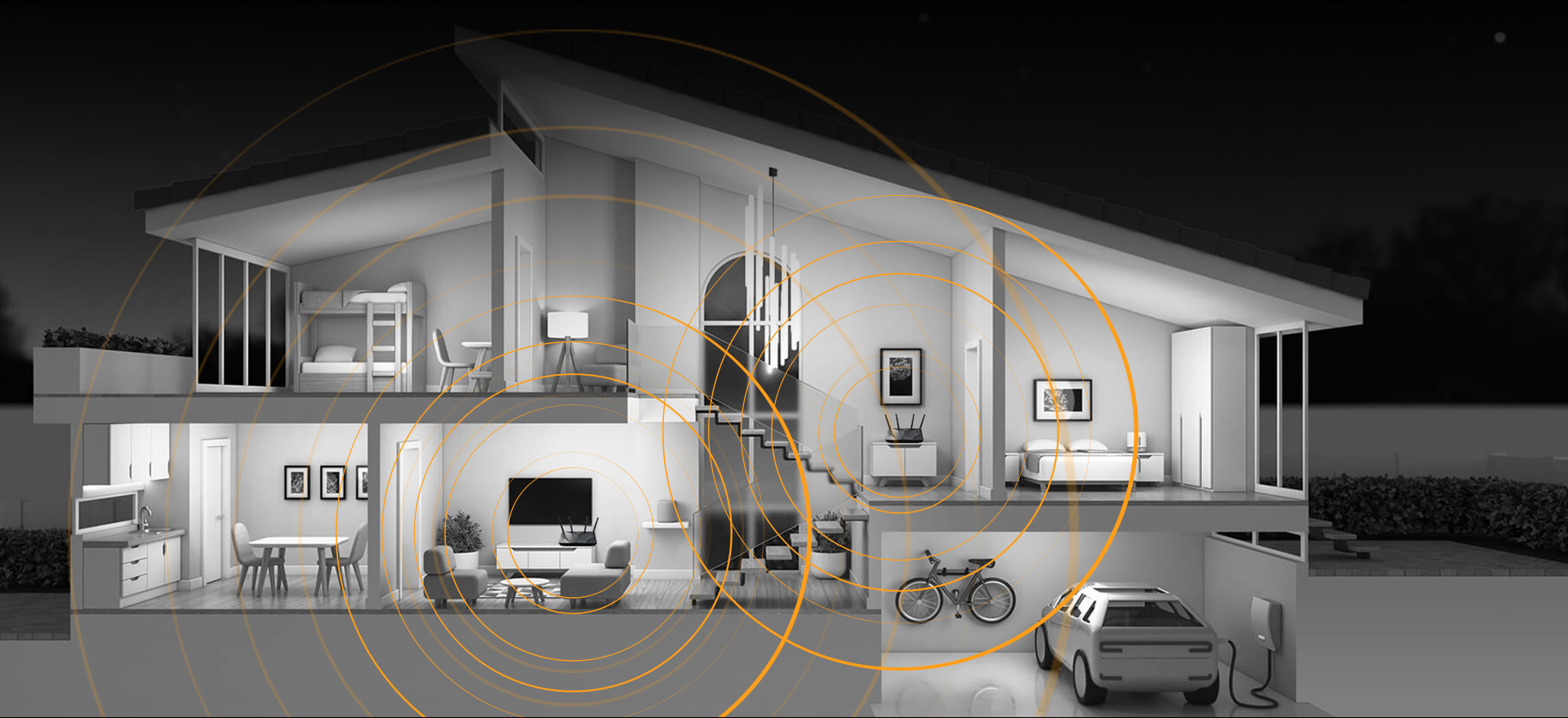 There is a profile of house with unique mesh-networking technology creating a whole-home network through multiple ASUS RT-AX5400 routers.
