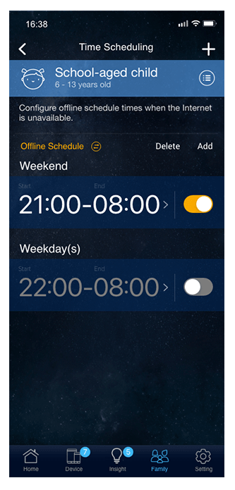The interface of smartphone shows the settings of ASUS Parental control for the accessibility of internet schedule with one click and also can give your school-aged kid extra online time as rewarding of their good behavior.