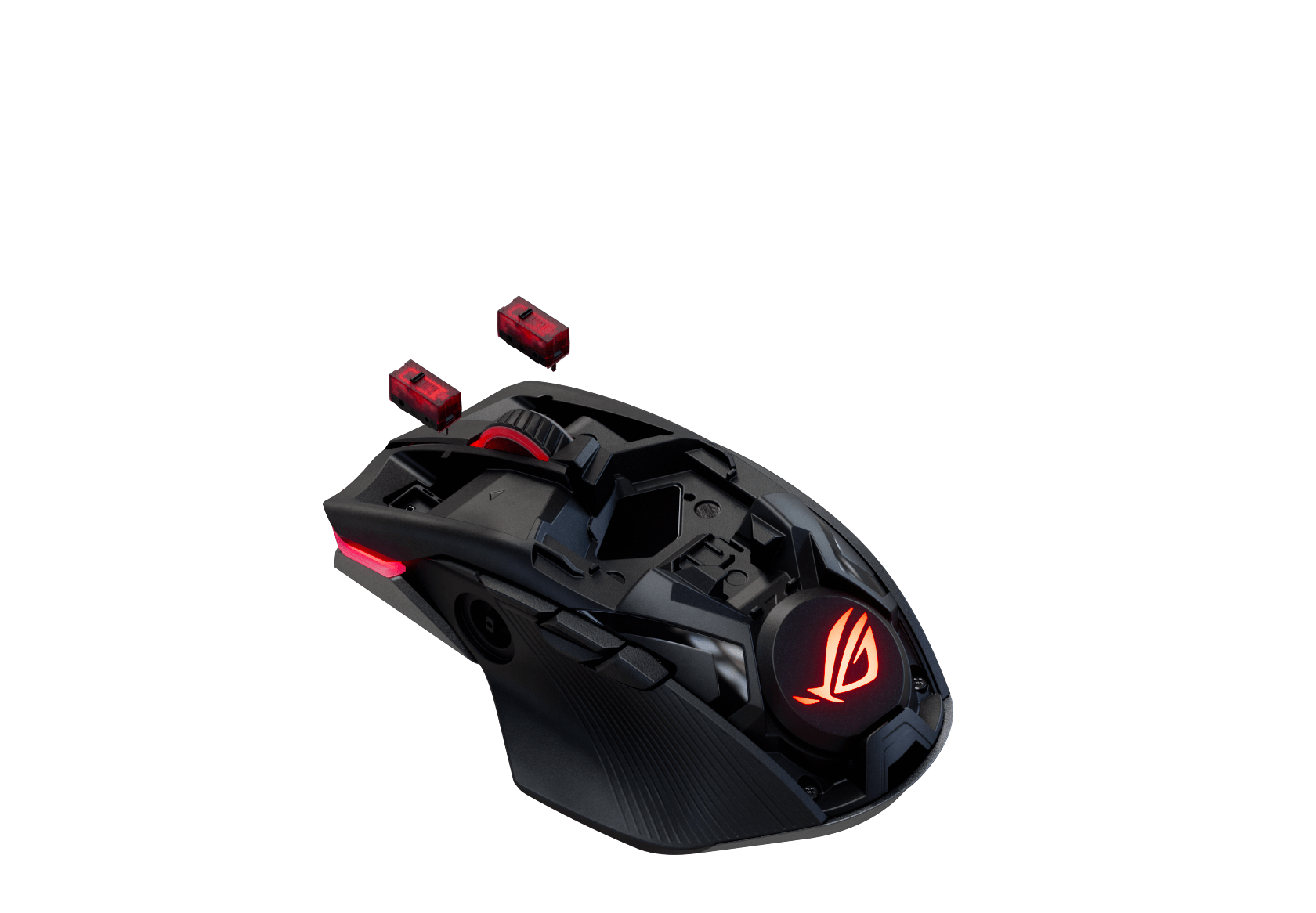 The Chakram X mouse disassembled to show its customizable parts