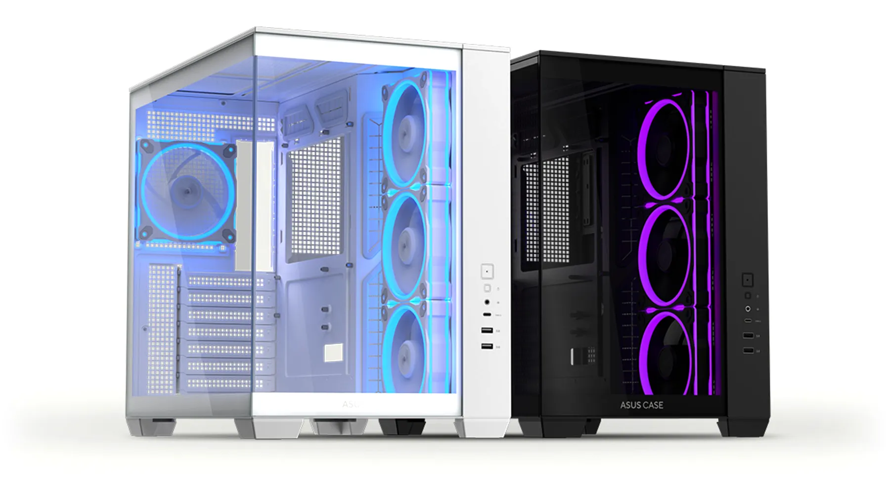Due A32 PLUS sono affiancati: uno è bianco con ventole LED blu, l'altro è nero con ventole LED viola. Entrambi hanno pannelli laterali trasparenti.