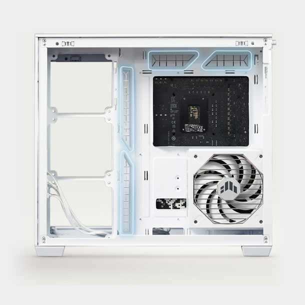 L'interno di un case A32 PLUS bianco aperto con occhielli in silicone è illuminato da luci blu che evidenziano i percorsi di gestione dei cavi.
