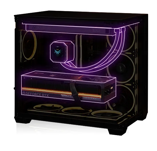 Il PC A32 PLUS con involucro trasparente mette in mostra i componenti interni illuminati da luci LED viola.