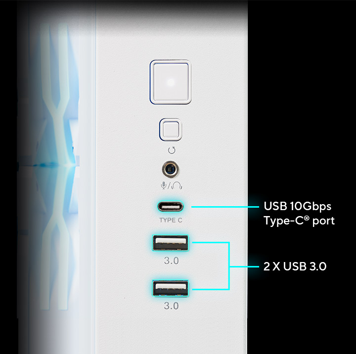 Pannello frontale di un dispositivo con un jack per cuffie, una porta USB Type-C e due porte USB 3.0, evidenziate e contrassegnate
