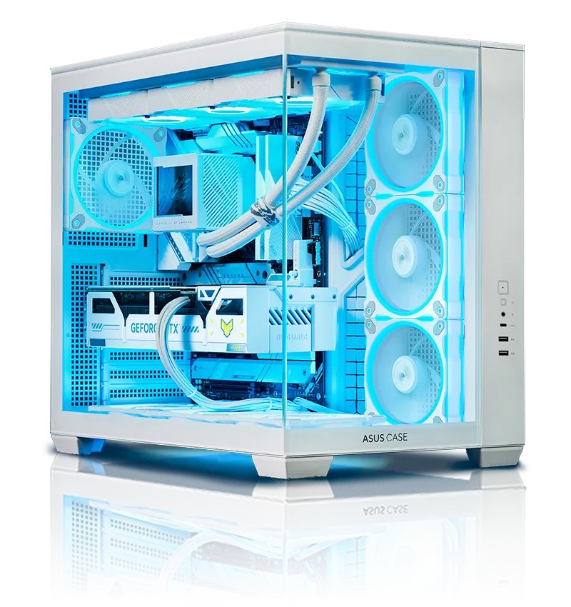 PC gaming bianco con ventole LED blu luminose all'interno di un case trasparente ASUS A32 PLUS. I componenti visibili includono una scheda grafica GeForce RTX serie 50 e un sistema di raffreddamento AIO.