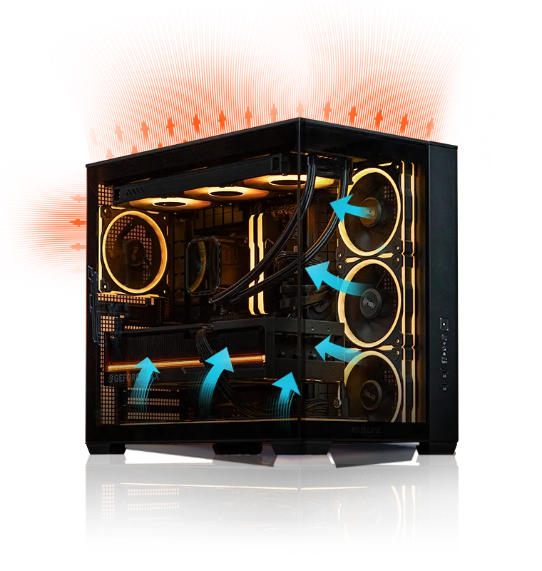 Una build A32 PLUS con ventole luminose su uno sfondo scuro con frecce blu e rosse che indicano il flusso d'aria per mostrare il design termico.