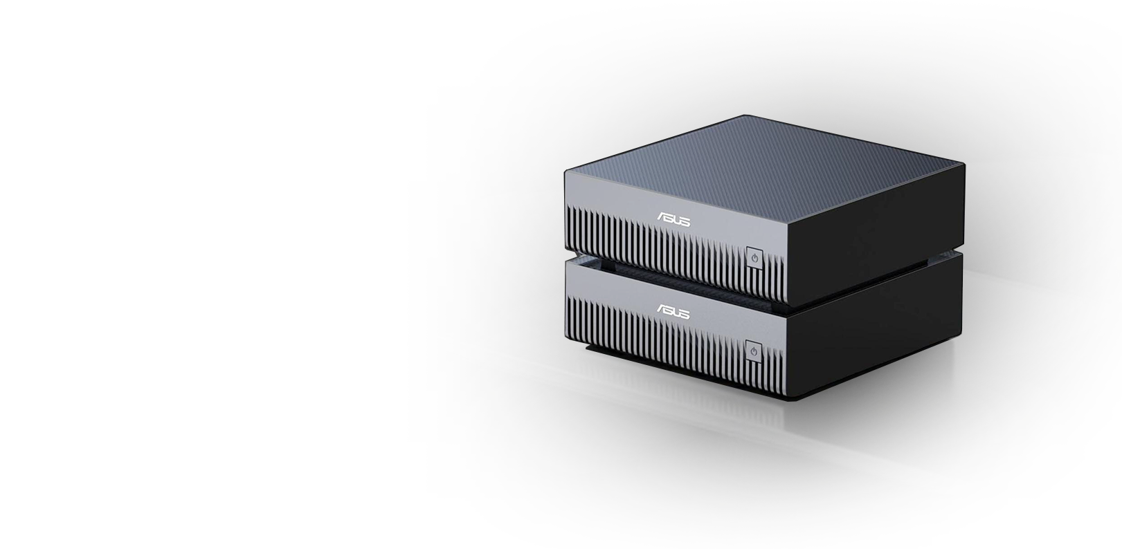 Two stacked ASUS GX10 devices on a dark surface, exuding modern tech.
