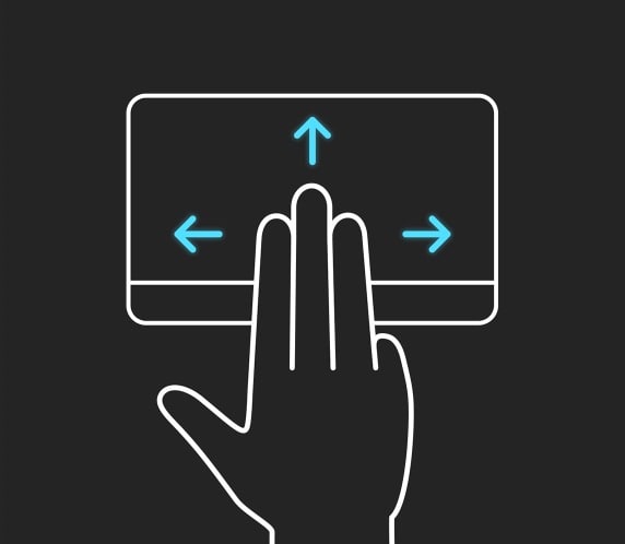 Trois doigts sont montr&eacute;s en train de glisser vers le haut, le bas, la gauche et la droite sur le pav&eacute; tactile ErgoSense.