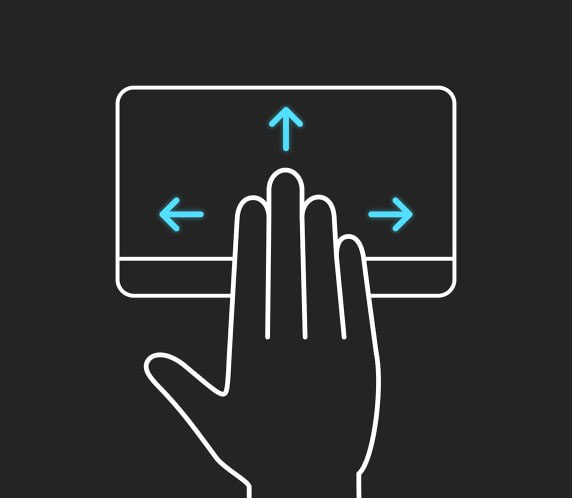 Quatre doigts sont repr&eacute;sent&eacute;s en train de glisser vers le haut, le bas, la gauche et la droite sur le pav&eacute; tactile ErgoSense.