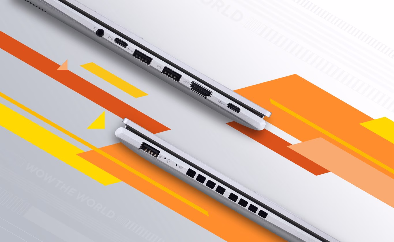 To ASUS Vivobook 14 OLED er lukket og vises fra venstre og h&oslash;jre side, hvor I/O-porte vises fra venstre mod h&oslash;jre &mdash; et lydstik, en USB 3.2 Gen1 Type-C, to USB 3.2 Gen1 Type-A, en HDMI, en DC-in 1.4 og en USB 2.0.