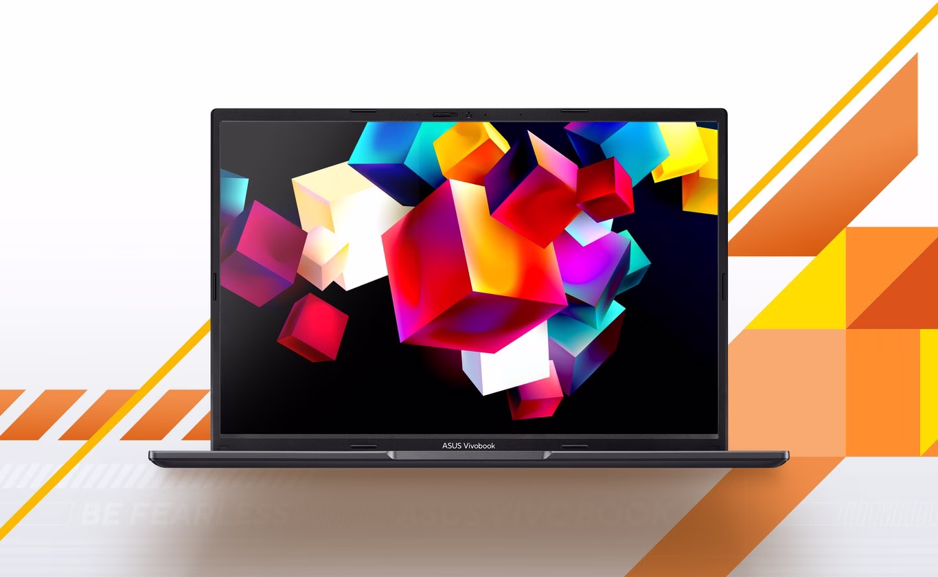 ASUS Vivobook 14 &aring;bnet i 90 grader, viser levende farver.