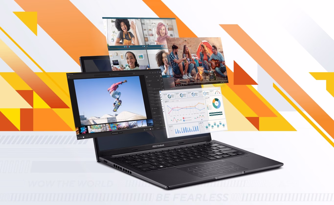 ASUS Vivobook 14 viser tre brugsscenarier i b&aelig;rbar tilstand. 