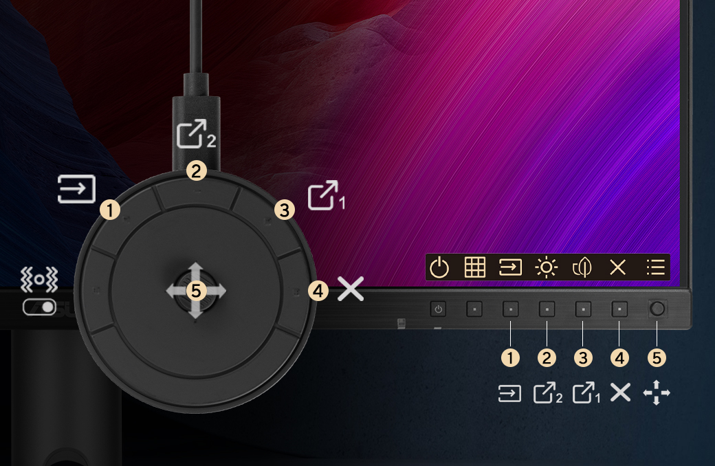 Shows ProArt CaliContrO buttons and 5-way navigator corresponding to the physical buttons on the ProArt Displays.
