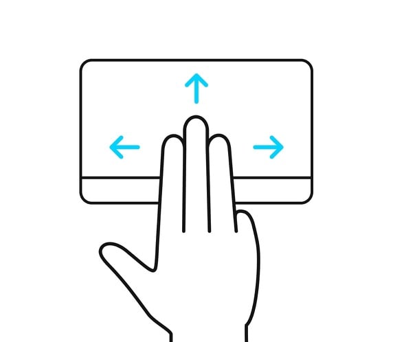 Tre fingre vises, hvor de stryger op, ned, til venstre og til h&oslash;jre p&aring; ErgoSense-touchpad'en.