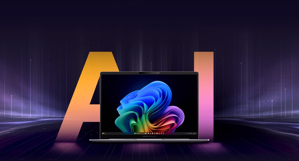 ASUS ExpertBook P5 G2 sits in front of an abstract background image, slightly obscuring the letters ‘AI’.