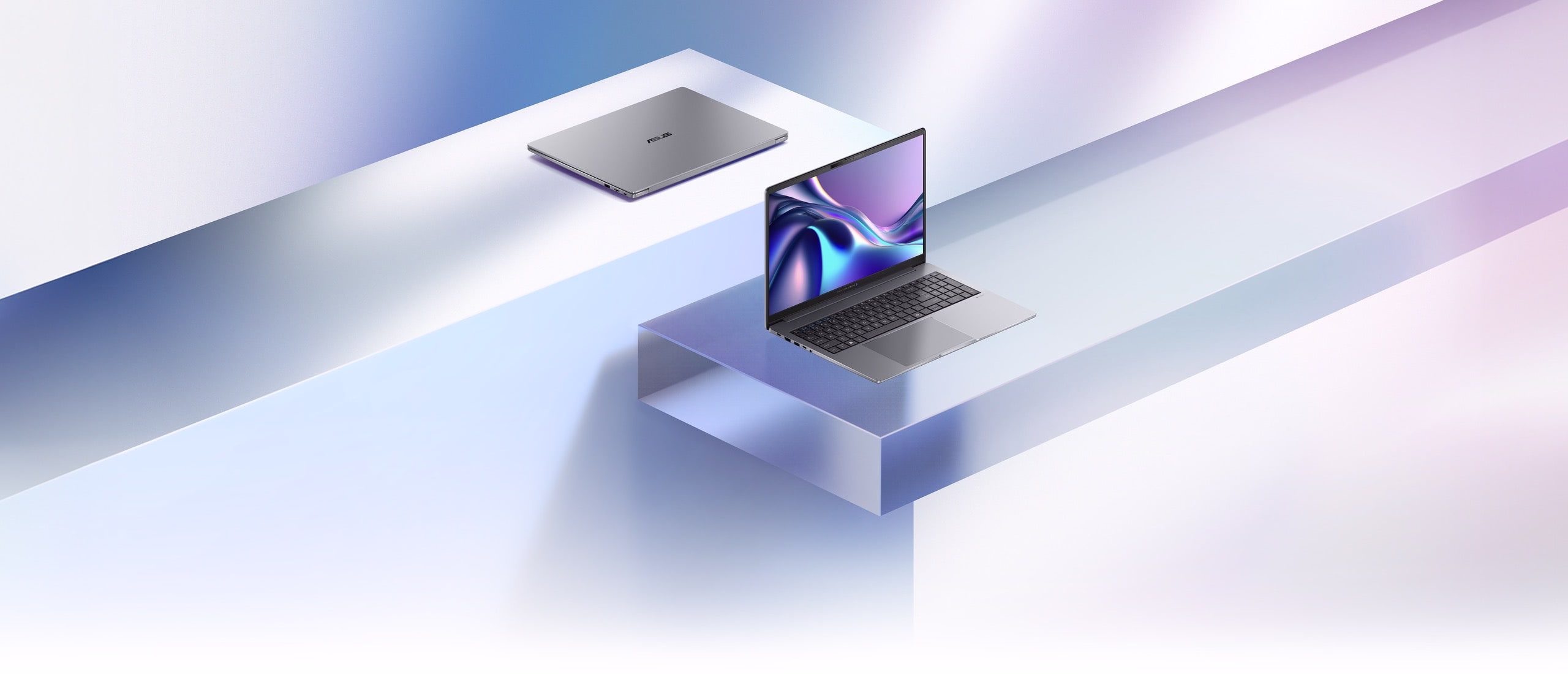 Two ASUS ExpertBook P5 G2 is placed against a pastel-colored gradient background. One with lid closed on top of a solid white surface, the other on top of a transparent glass surface.