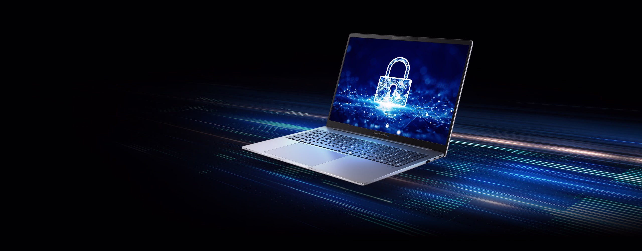 ASUS ExpertBook P5 G2 with a virtual lock in screen placed in a black background with technical blue lines.