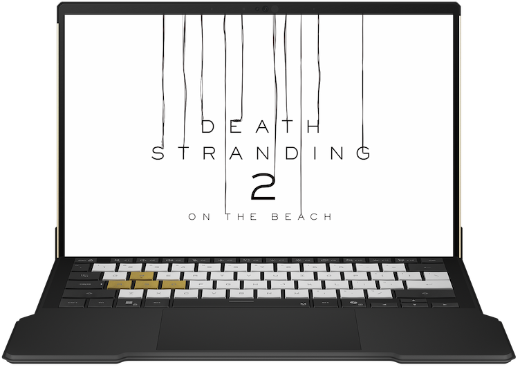 The front view of the ROG Flow Z13-KJP, with Death Stranding 2: On the Beach displayed on the screen