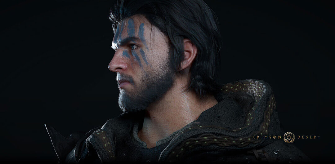 Lower down, a character from the game “Crimson Desert” is displayed, wearing a tunic and blue face paint.