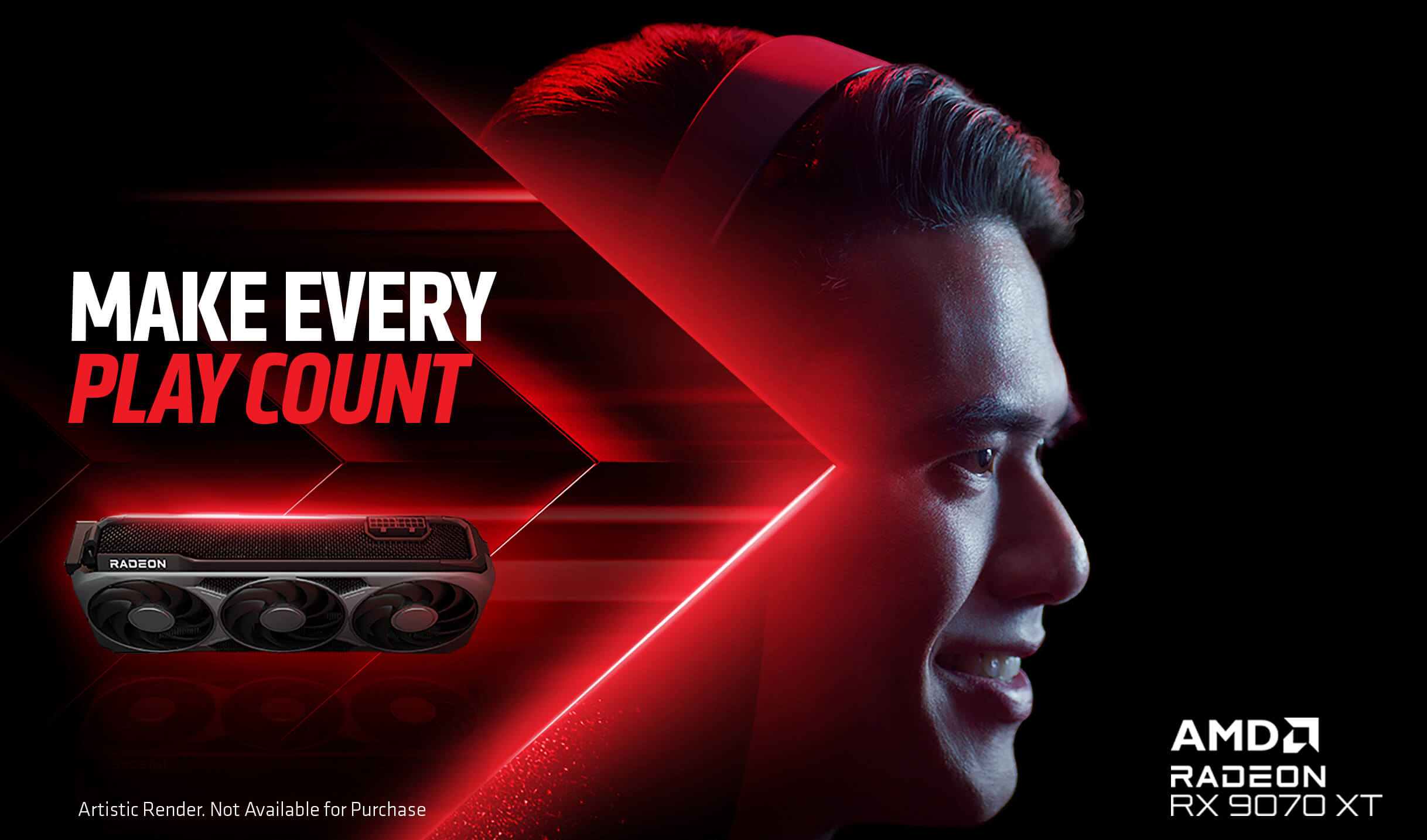 A gamer’s head half visible, with the back half covered by a vibrant red arrow and that section displaying an AMD Radeon GPU and the text, “Make every play count”.