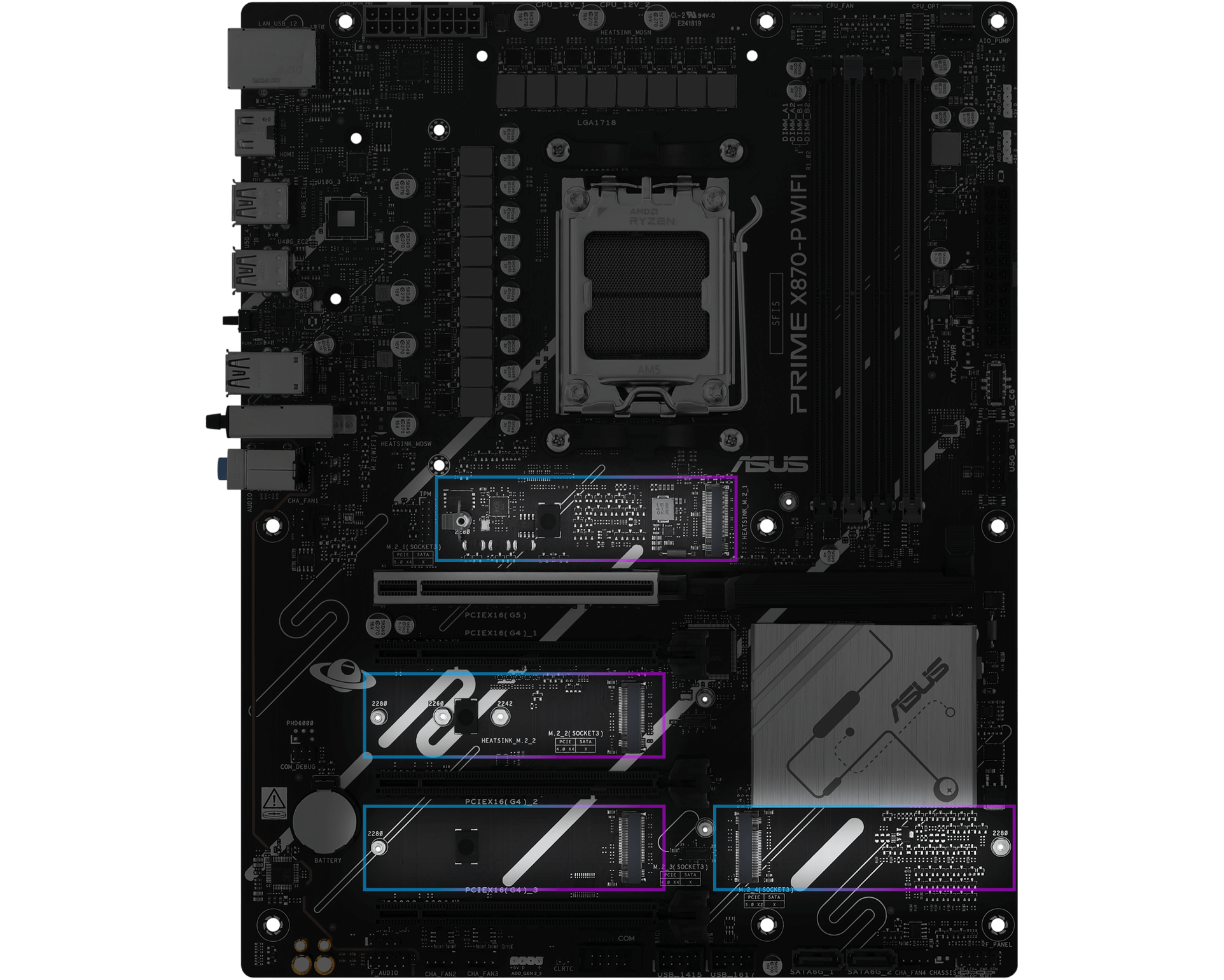 An internal view of the ROG G1000 highlighting key components. The central focus is the M.2 slots.