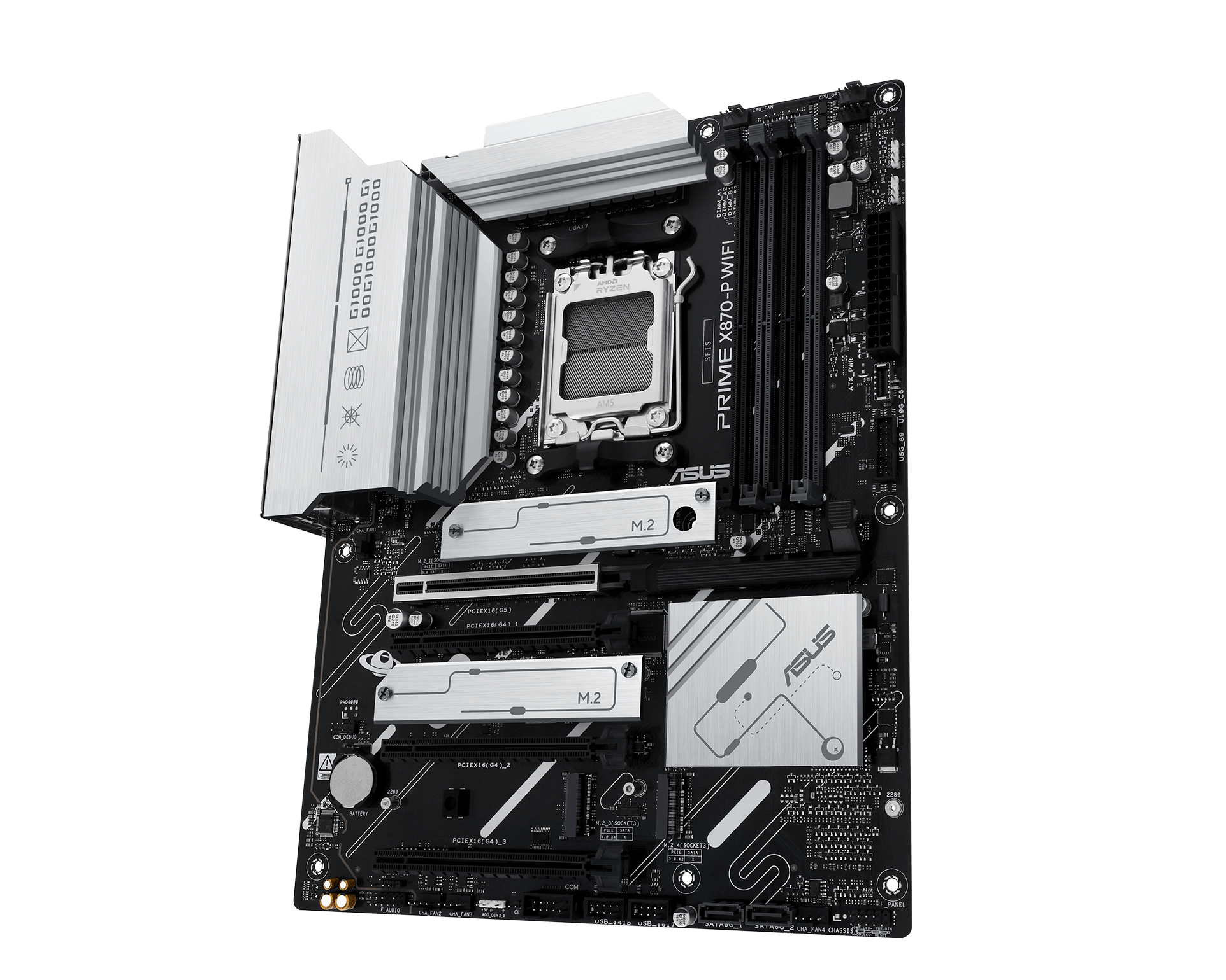 An internal view of the ROG G1000 highlighting key components. The central focus is the PRIME X870-P WIFI for the motherboard.
