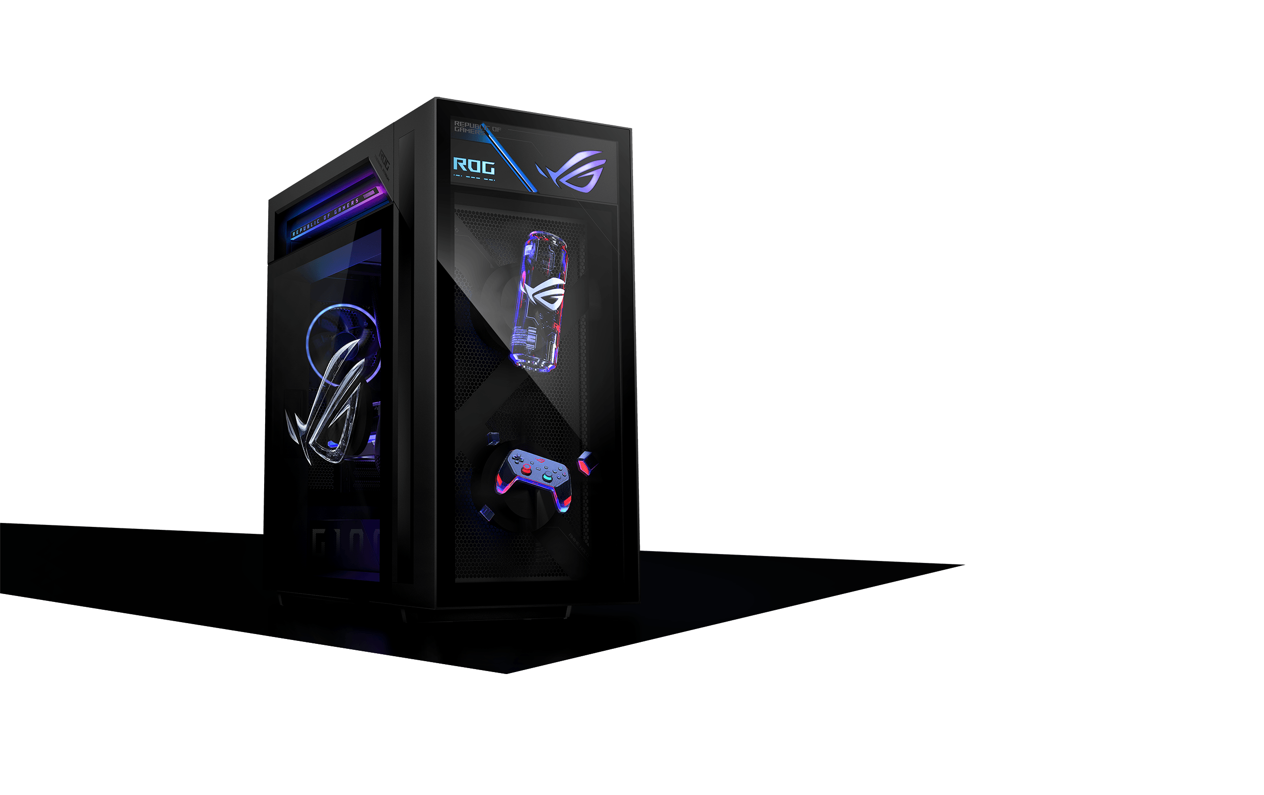 A 45-degree camera shot showing the ROG G1000 desktop standing tall against a black background.