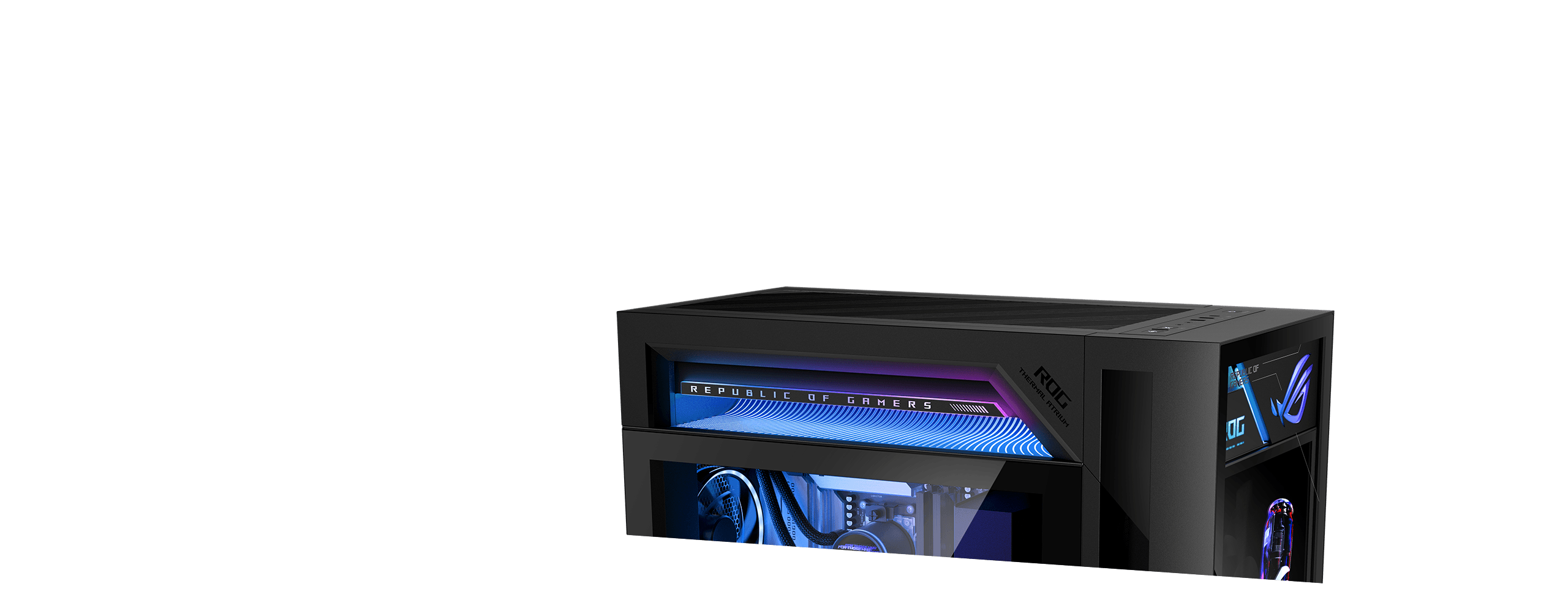 A close-up camera shot showing the ROG G1000 desktop ROG Thermal Atrium RGB-illuminated light-guide design.