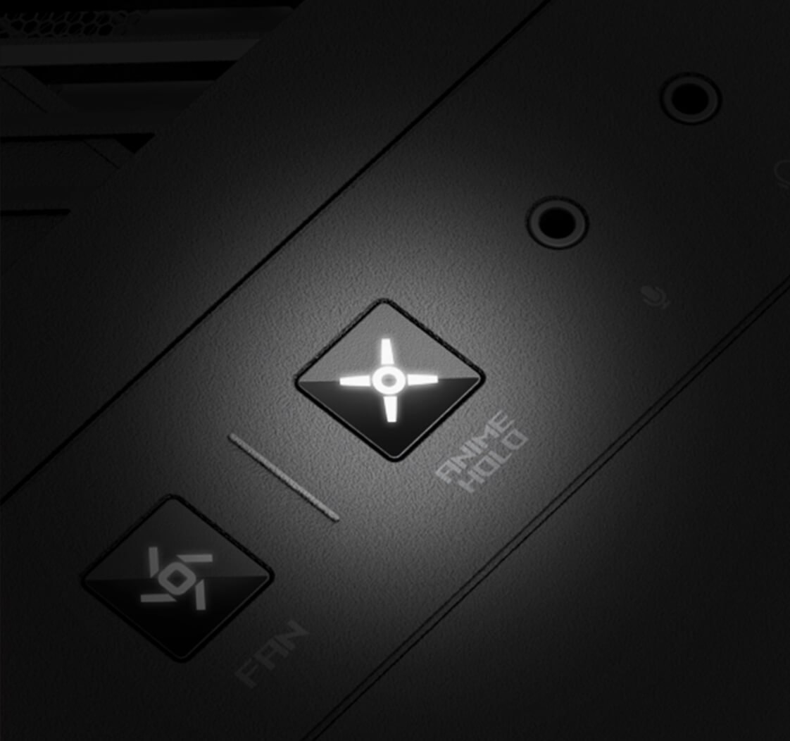 A close-up shot of the ROG G1000 top control panel, highlighting the specific AniMe Holo buttons.
