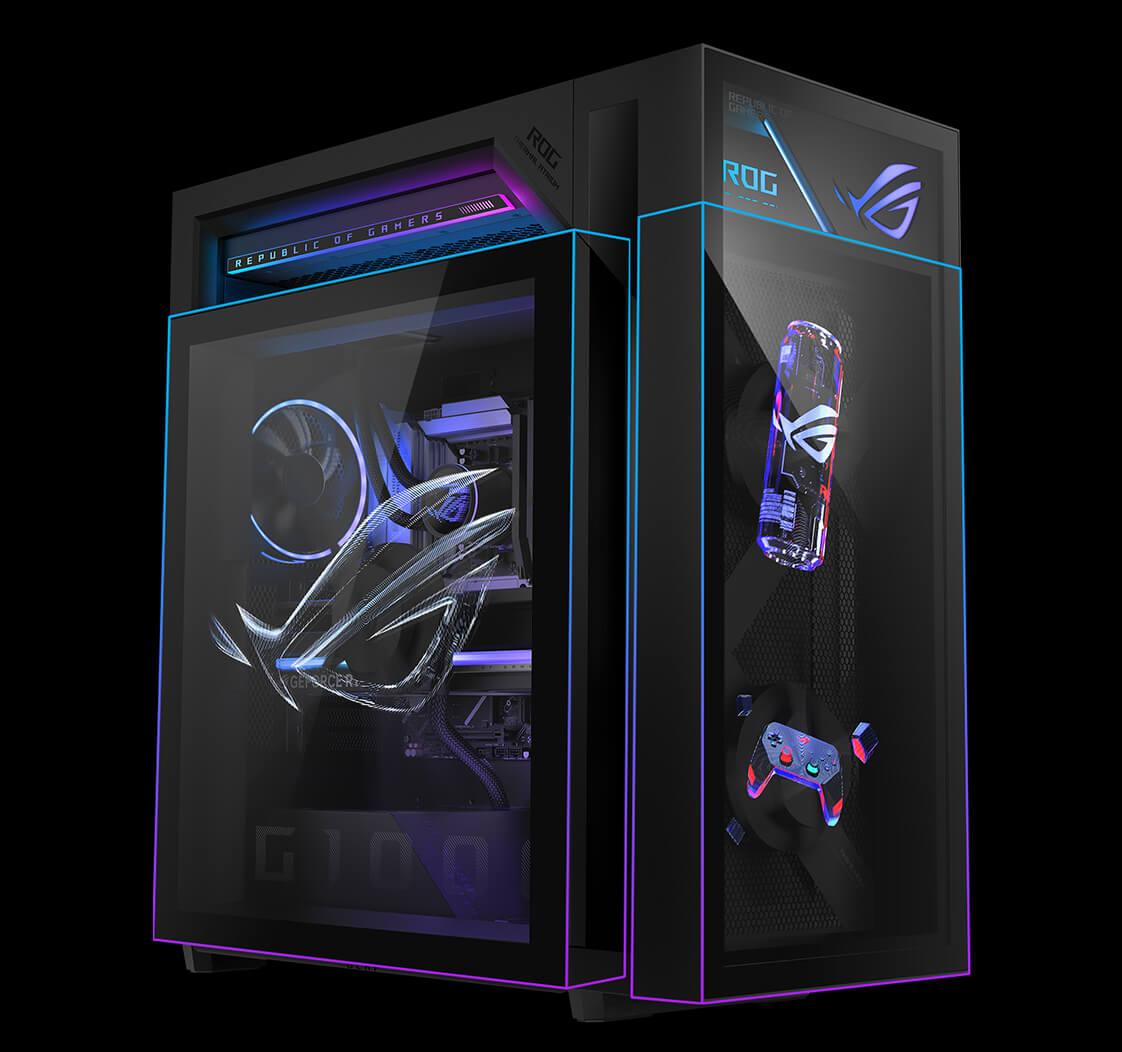 A 45-degree angle shot showing the ROG G1000 with a highlight of its independent chamber design on the front and side panels.