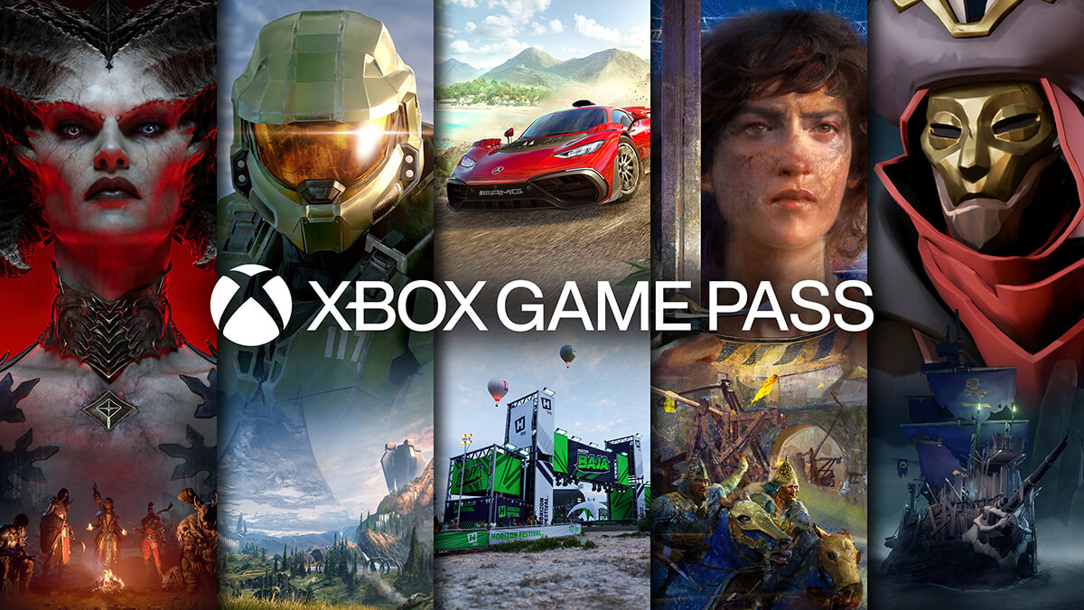 A graphic with the text “XBOX GAME PASS” superimposed in front of a collage of five vertical panels featuring characters and scenes from different video games. From left to right, the games are: Diablo, Halo Infinite, Forza Horizon 5, Age of Empires IV, and Sea of Thieves.