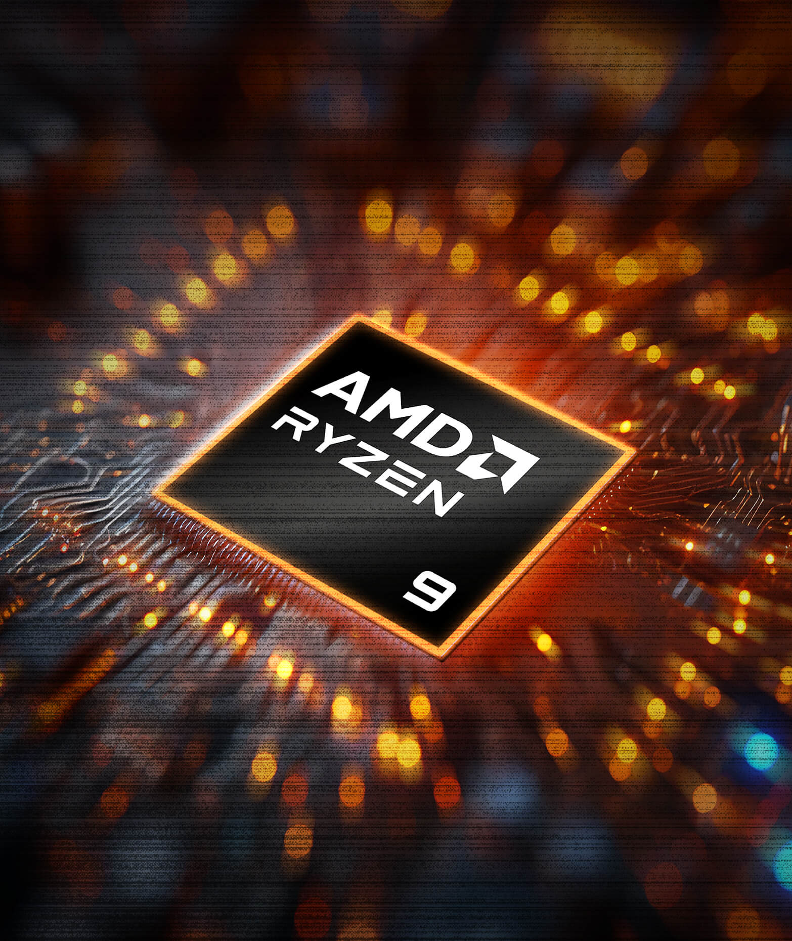 A close-up view of an AMD Ryzen 9 processor sits at the center of a circuit board, surrounded by orange glowing traces and electronic components.