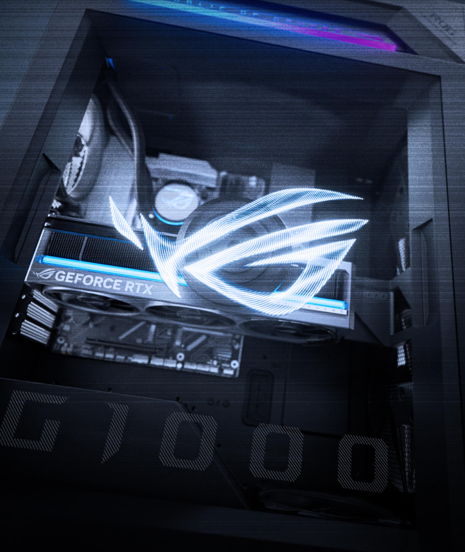 The ROG G1000 desktop shows its AniMe Holo featuring the illuminated ROG Fearless Eye logo.