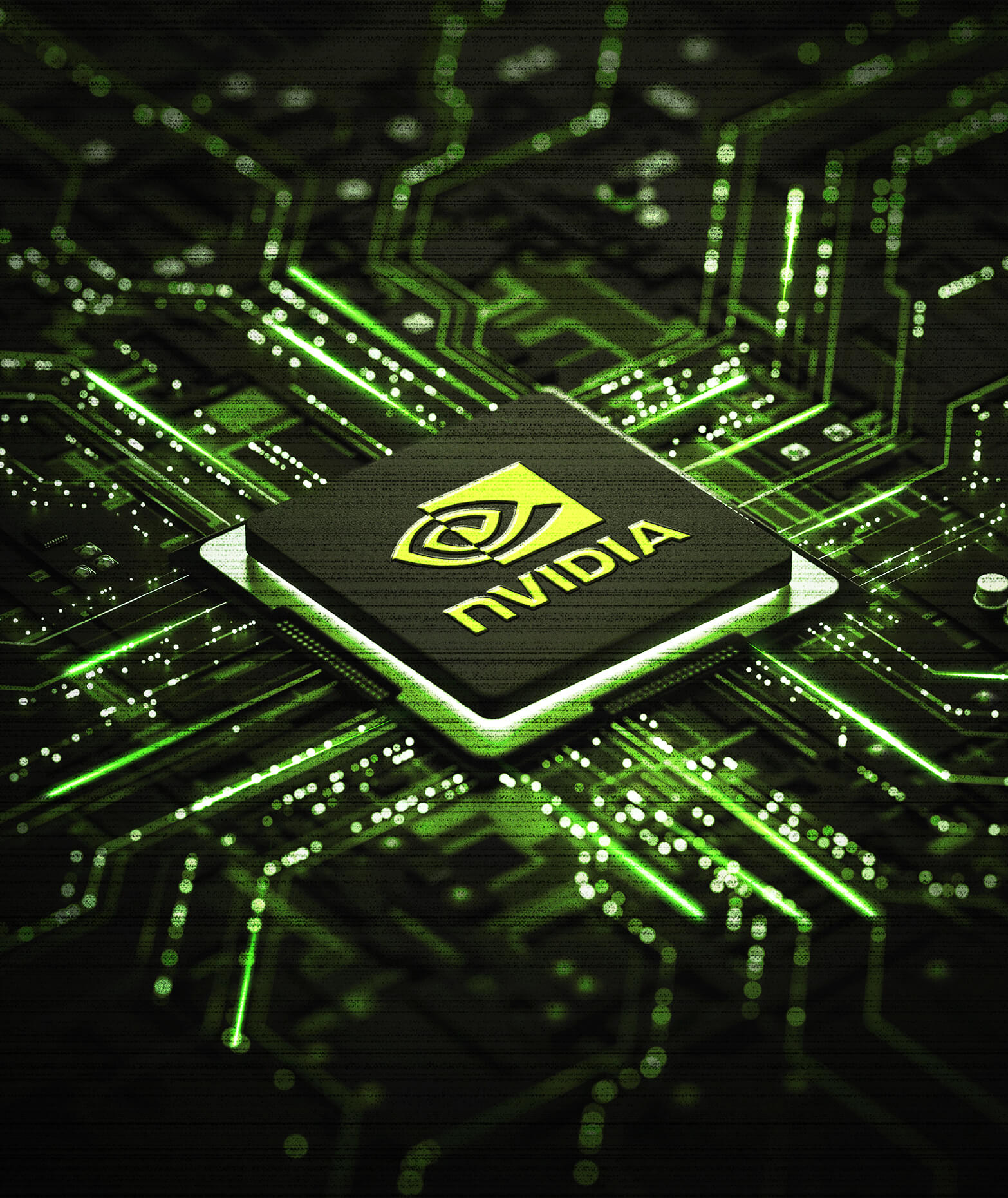 A close-up of an NVIDIA chip on a circuit board, showing the NVIDIA logo at the center. Green-lit circuit traces extend outward across the board, highlighting surrounding components.
