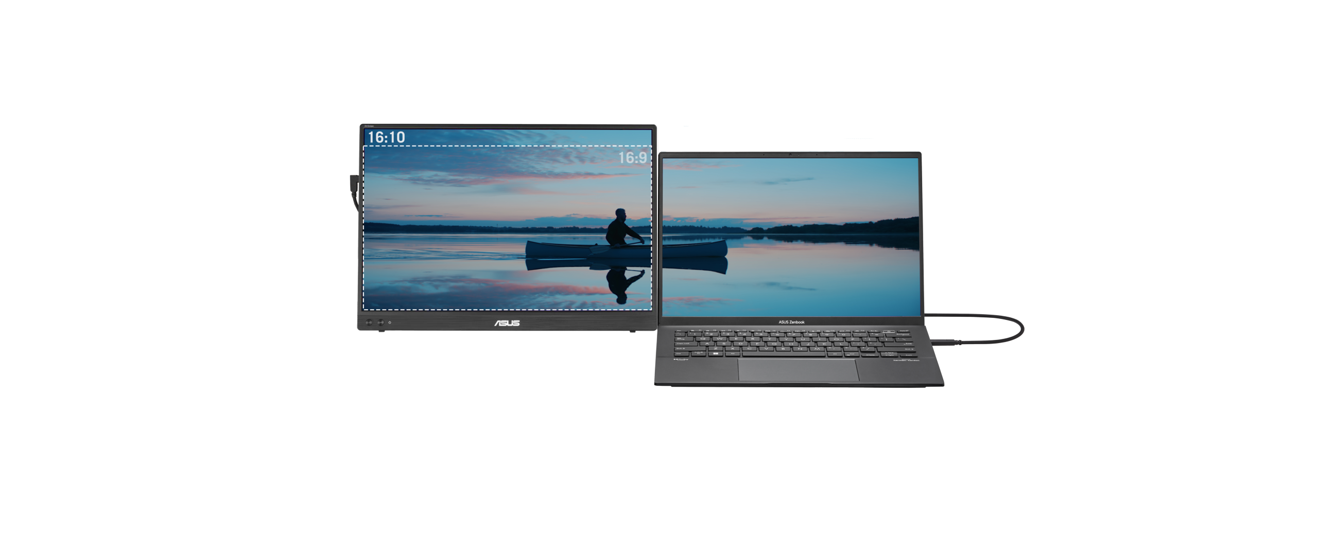Pr&eacute;sentation d'une configuration de travail avec un angle de vision homog&egrave;ne d'un ZenBook et d'un &eacute;cran ZenScreen MB16NCG de face.