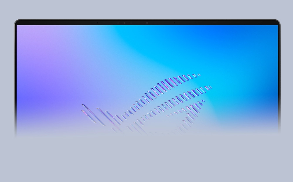 The top half of a Zephyrus G14’s screen, with the ROG Fearless Eye logo on screen.