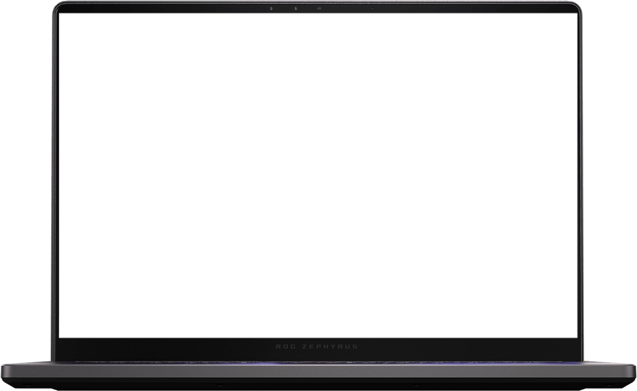 An Eclipse Grey Zephyrus G14 with a simulated colored dust explosion both on screen and behind the laptop.