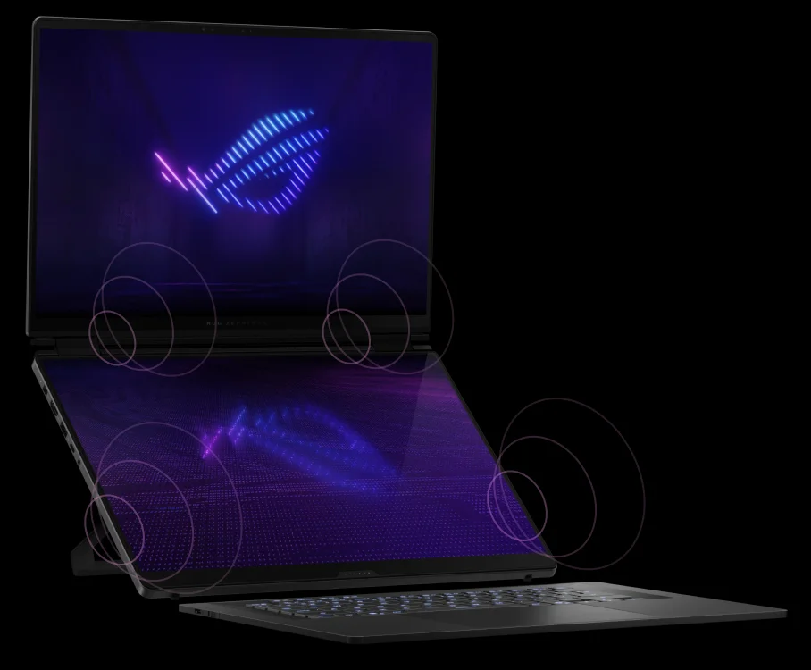 A Zephyrus Duo in the dual screen mode with visualized sound effect