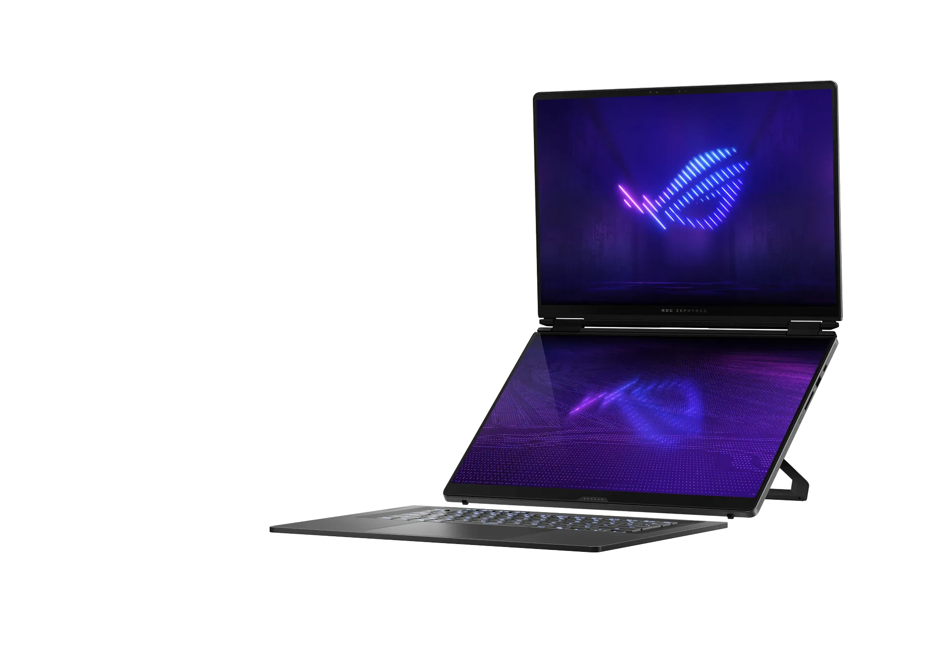 A Zephyrus Duo in the dual screen mode with ROG Logo wallpaper.