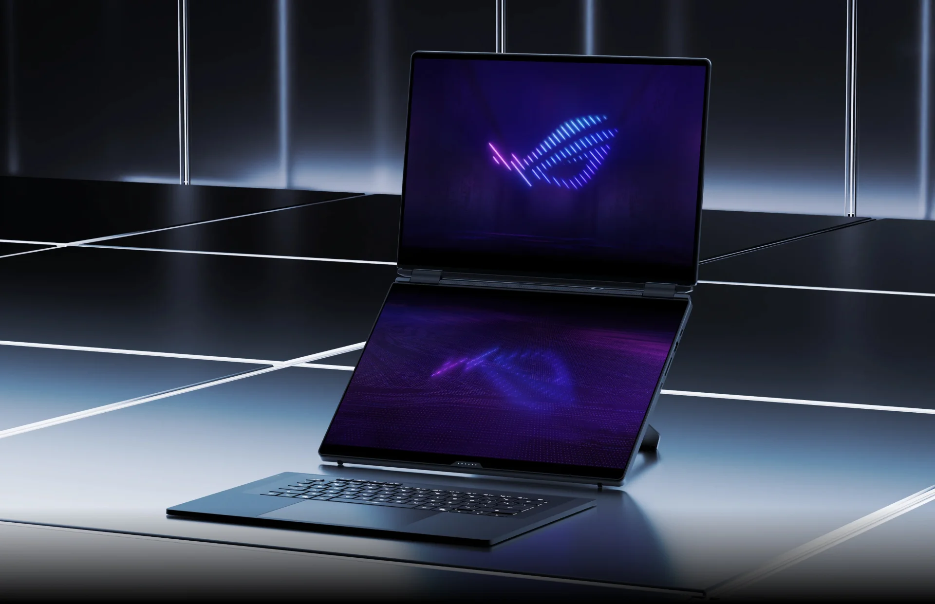 A Zephyrus Duo sitting on a platform in the dual screen mode with ROG Logo wallpaper.
