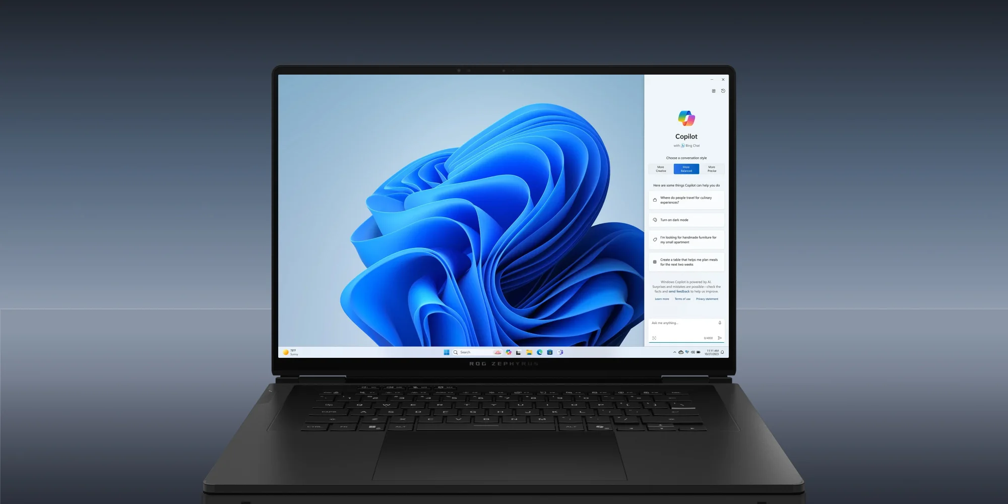 A Zephyrus Duo sittig on a platform in the laptop mode showing windows copilot user interface on the main panel.