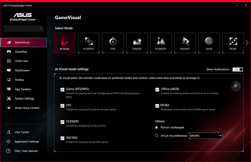 Screenshot of the new ASUS DisplayWidget Center UI showing system settings, OLED functions, and more.