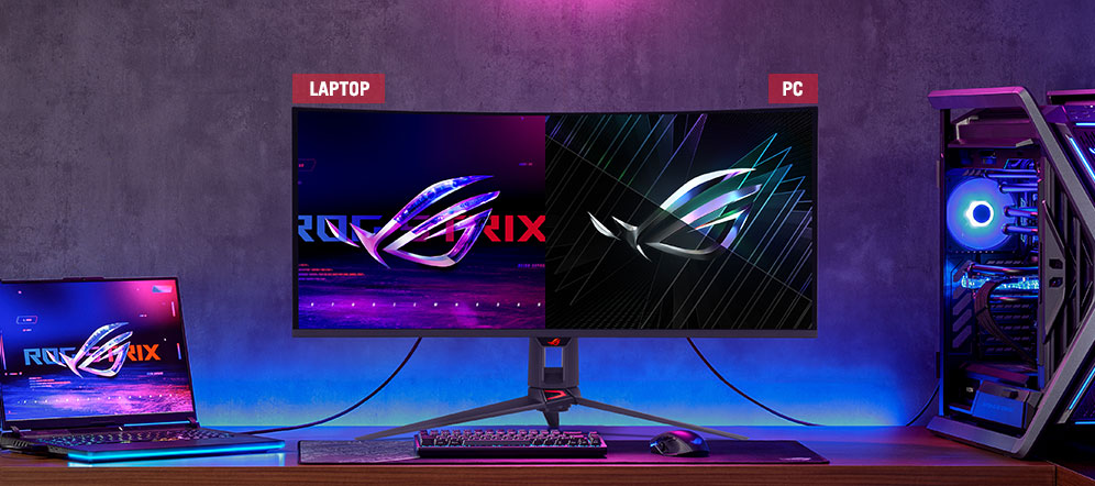 ROG gaming setup showing a laptop and a PC connected to an ultrawide ROG monitor in split-screen mode, displayed the Auto KVM features of PG34WCDN monitor