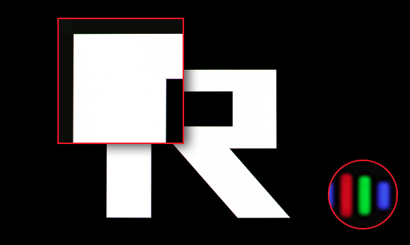 Close-up of a white 'R' logo on black, showing a magnified inset of clear, distinct RGB stripe pixels. Labeled 'WITH RGB STRIPE PIXEL'