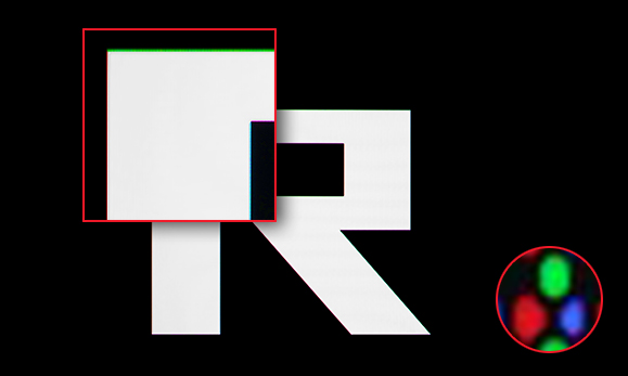 Close-up of a white 'R' logo on black, showing color fringing with an inset diagram of the previous-gen QD-OLED subpixel layout. Labeled 'WITH RGB STRIPE PIXEL' for comparison. 