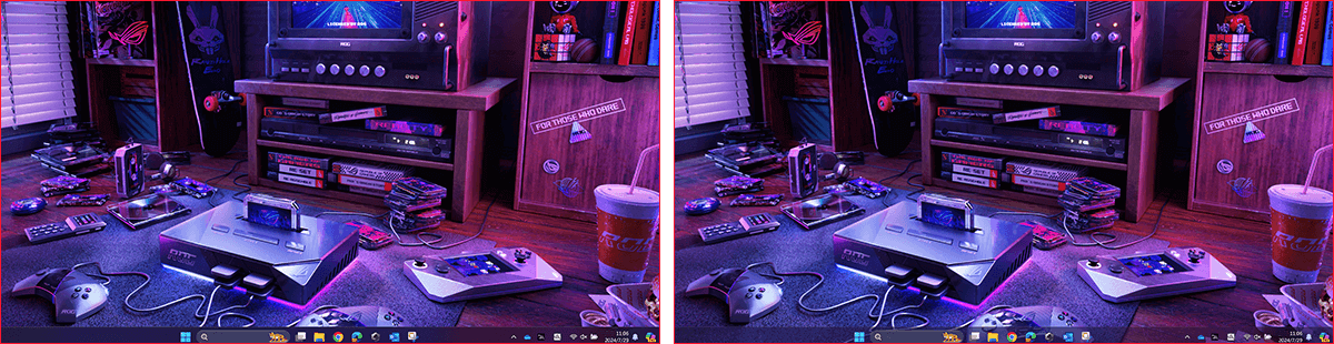 Comparison image showing two desktop screenshots. The left image shows a standard taskbar, while the right image shows a taskbar with a transparent effect