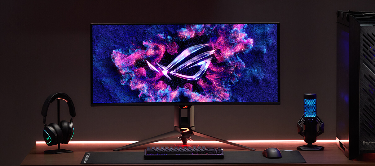 ROG QD-OLED panel comparison: 'With Blackshield Film shows enhanced perceived black level and visual performance, 'Without Blackshield Film' shows purple tint.