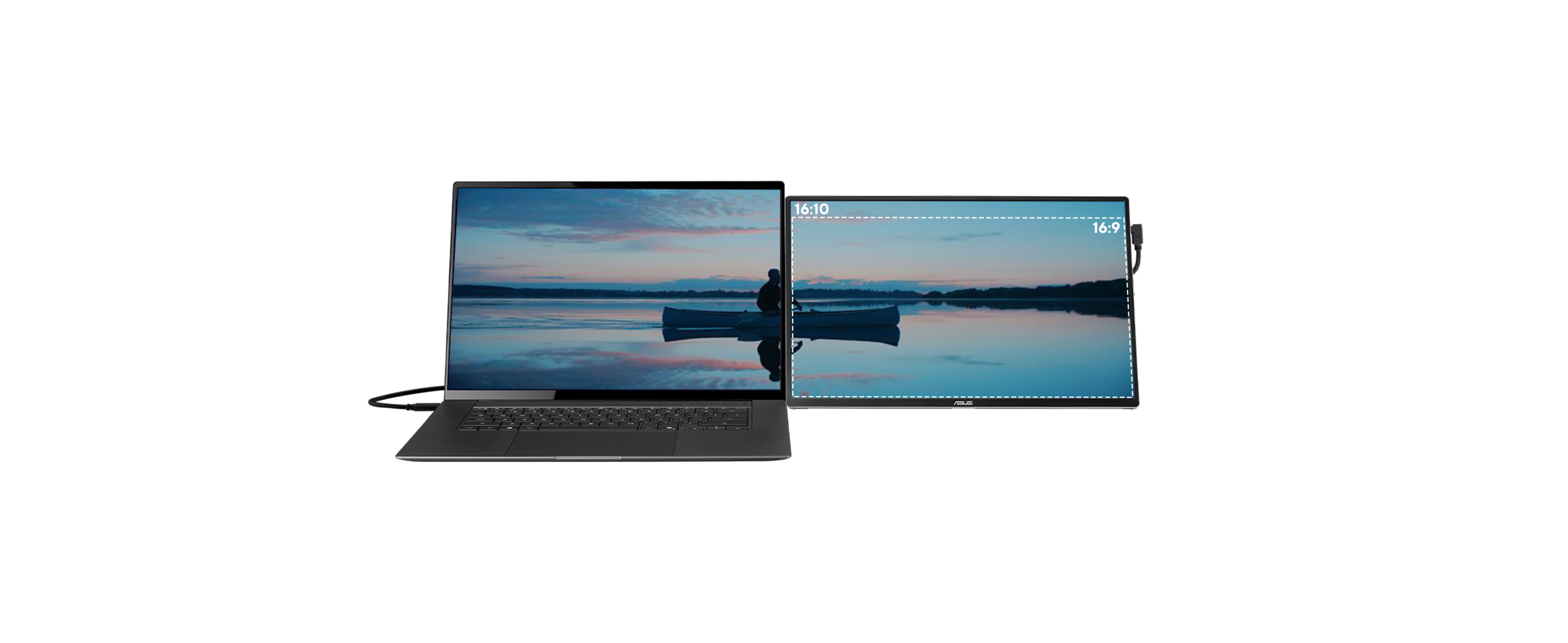 Showing a seamless viewing angle working setup of a ZenBook and ZenScreen MB16FC in a front side