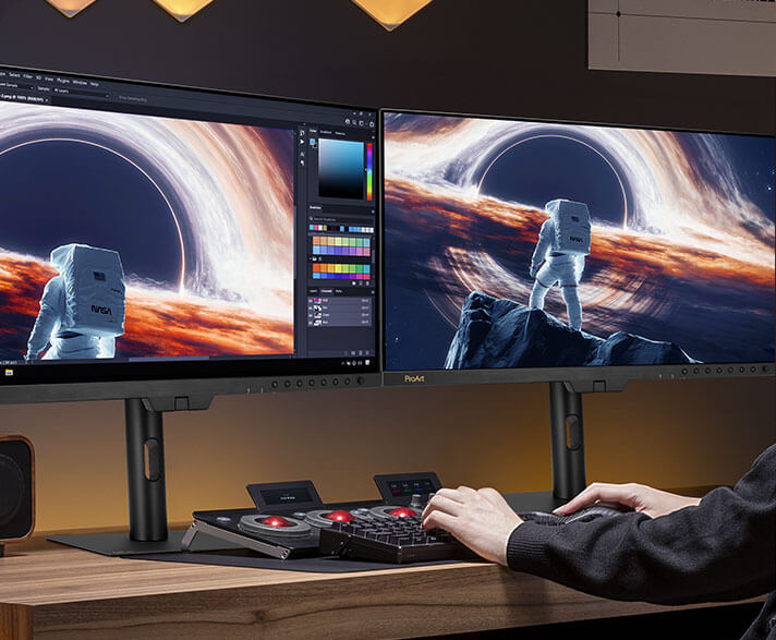 A creator working his project on two ProArt Displays