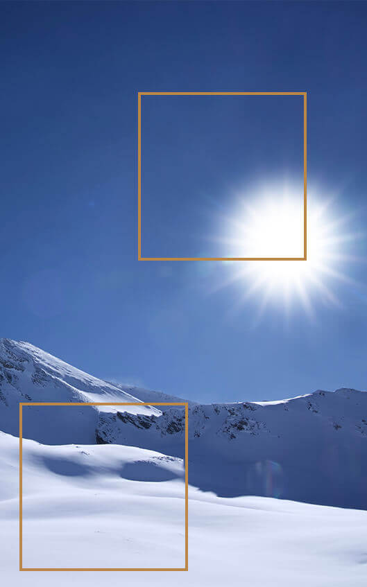 With the PQ Optimized setting applied, the image shows the actual brightness of the sun and snow.